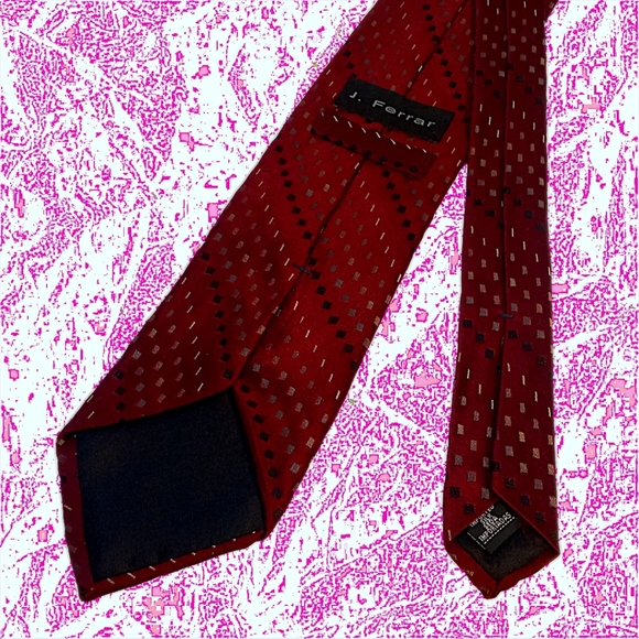 J. Ferrar Vintage Tie 100% Imported Silk Foulard Necktie Red w/Geometric Pattern - Picture 5 of 14